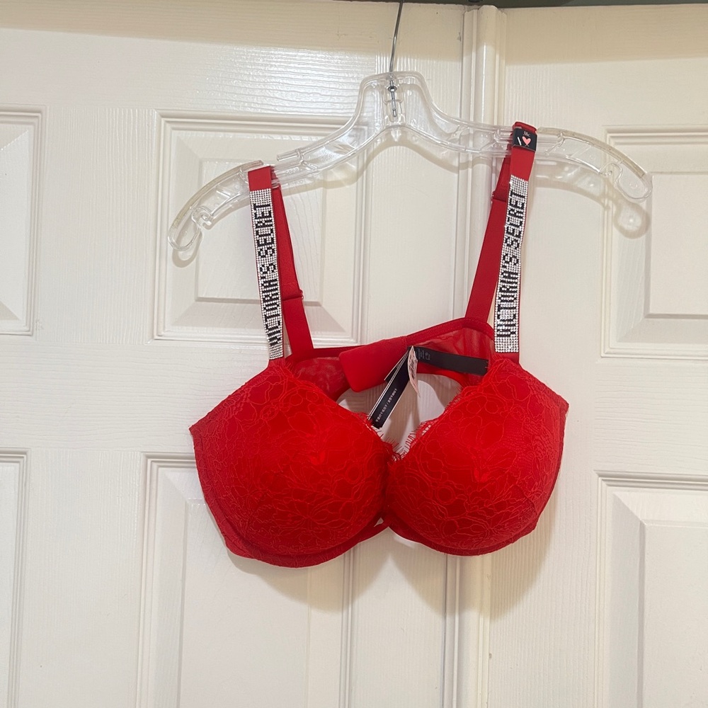 Victoria's Secret Bombshell Shine Strap Push-up Bra Lipstick Red Monogram Sz 38C